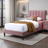 Lilian Twin Size Bed, Blush Pink Linen Upholstery, Channel Tufted -BM326135