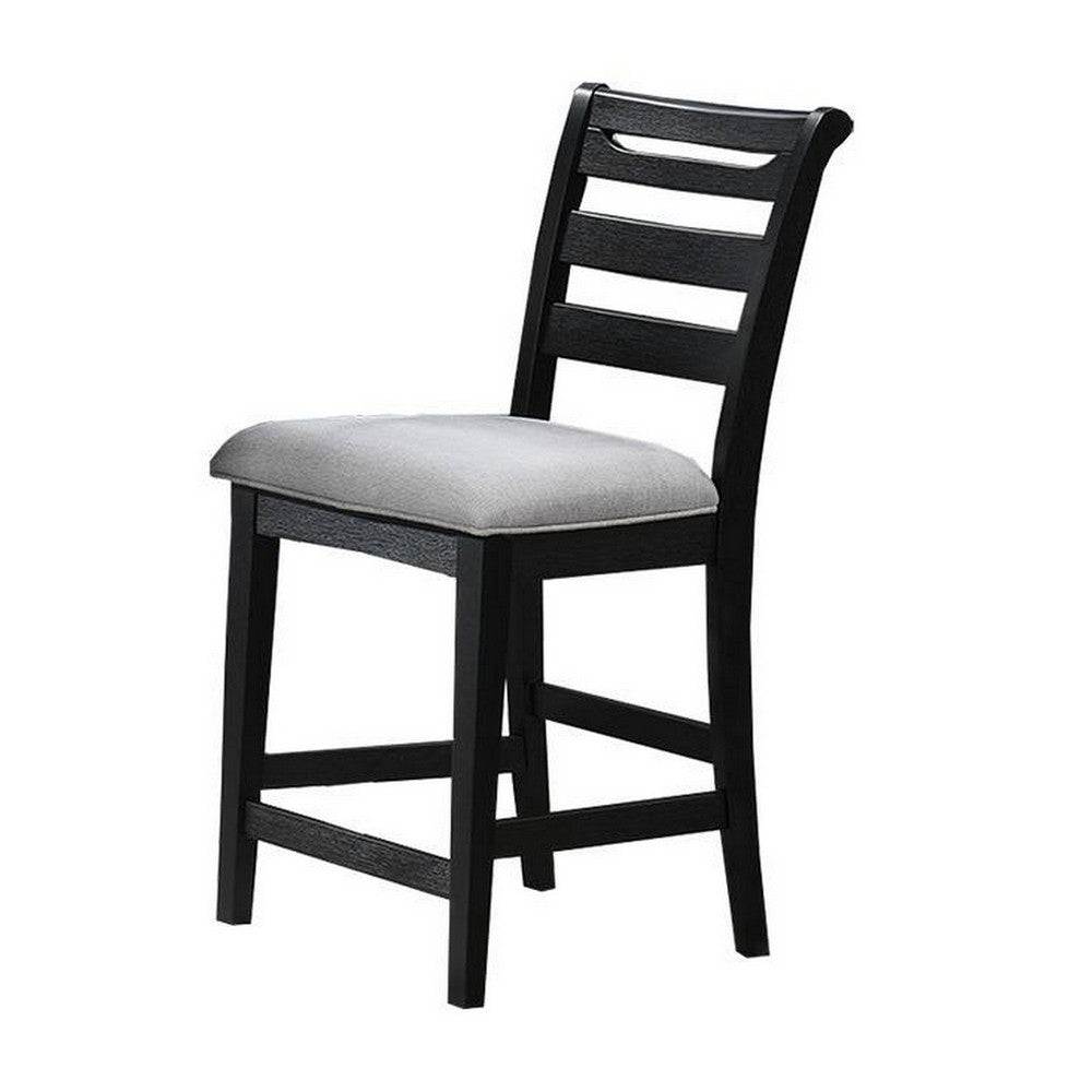 Remus Counter Height Chairs, Set of 2, Ladder Back, Black Embossed Wood, Gray Fabric -BM326140