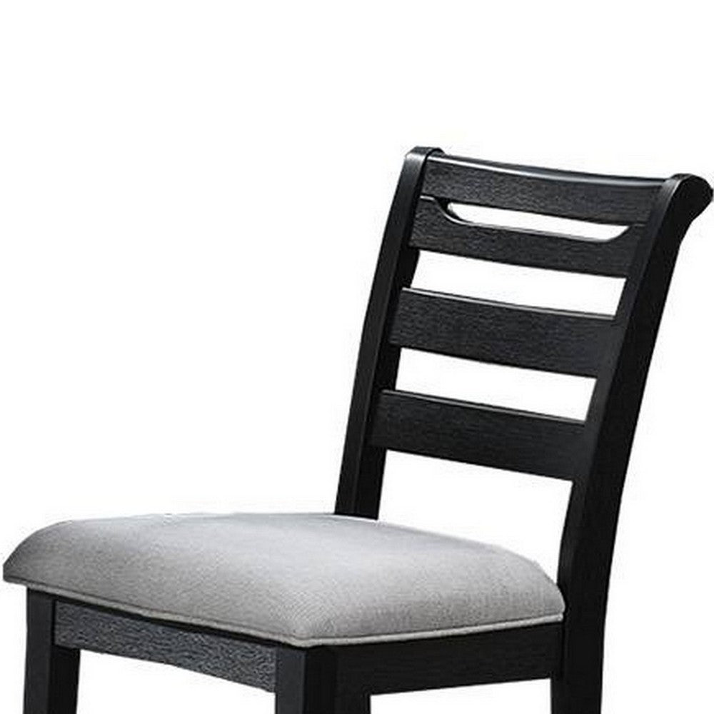 Remus Counter Height Chairs, Set of 2, Ladder Back, Black Embossed Wood, Gray Fabric -BM326140