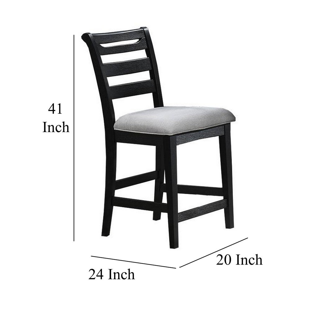 Remus Counter Height Chairs, Set of 2, Ladder Back, Black Embossed Wood, Gray Fabric -BM326140