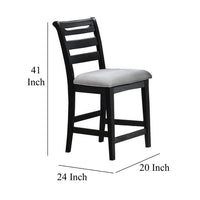 Remus Counter Height Chairs, Set of 2, Ladder Back, Black Embossed Wood, Gray Fabric -BM326140