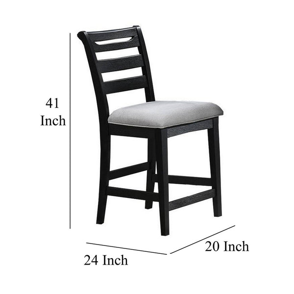 Remus Counter Height Chairs, Set of 2, Ladder Back, Black Embossed Wood, Gray Fabric -BM326140