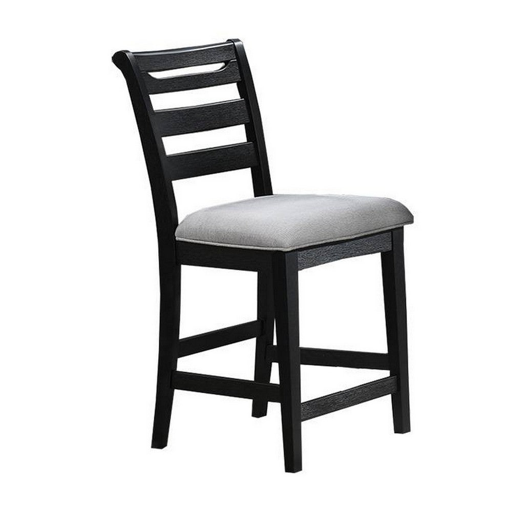 Remus Counter Height Chairs, Set of 2, Ladder Back, Black Embossed Wood, Gray Fabric -BM326140
