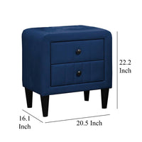 Rheo Nightstand, 2 Drawers, 22 Inch Upholstered in Navy Blue Velvet -BM326147