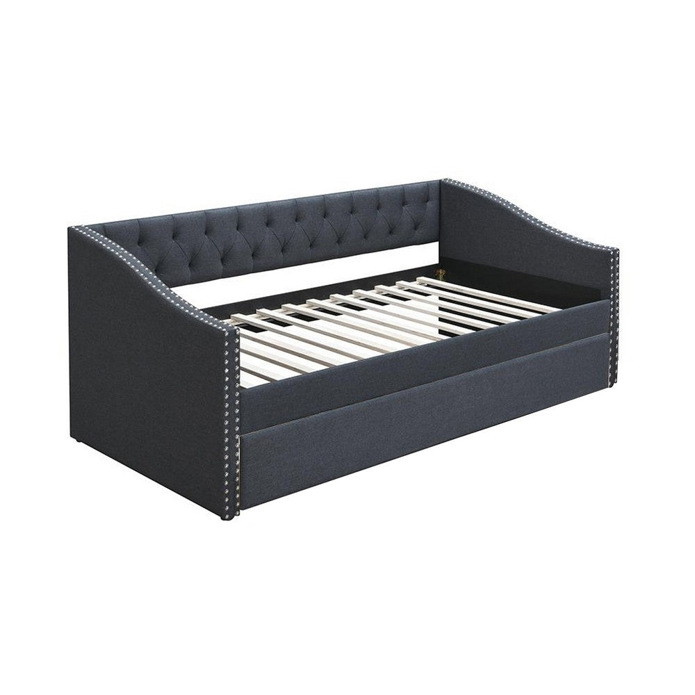 Daybed Sofa w Slats n Trundle Bed, Nailhead Trim, Charcoal Gray Fabric - BM326155