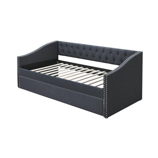 Daybed Sofa w Slats n Trundle Bed, Nailhead Trim, Charcoal Gray Fabric - BM326155