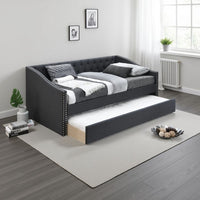 Daybed Sofa w Slats n Trundle Bed, Nailhead Trim, Charcoal Gray Fabric - BM326155