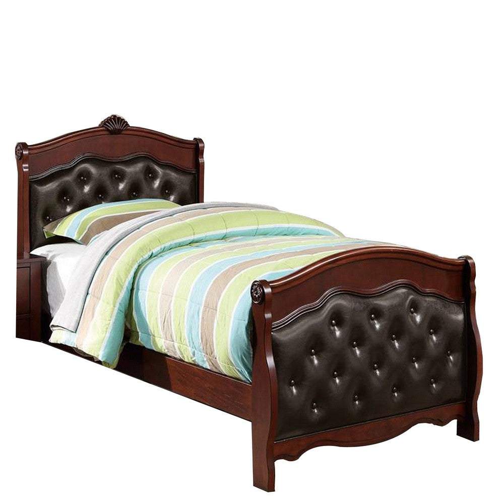 Jeny Twin Bed, Tufted Camelback, Cherry Brown, Faux Leather Upholstery - BM326162