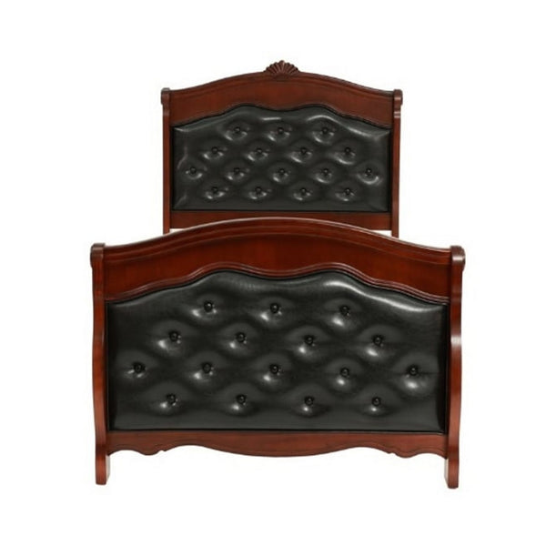 Jeny Twin Bed, Tufted Camelback, Cherry Brown, Faux Leather Upholstery - BM326162