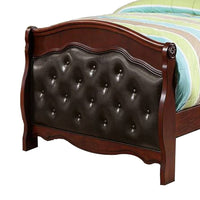 Jeny Twin Bed, Tufted Camelback, Cherry Brown, Faux Leather Upholstery - BM326162