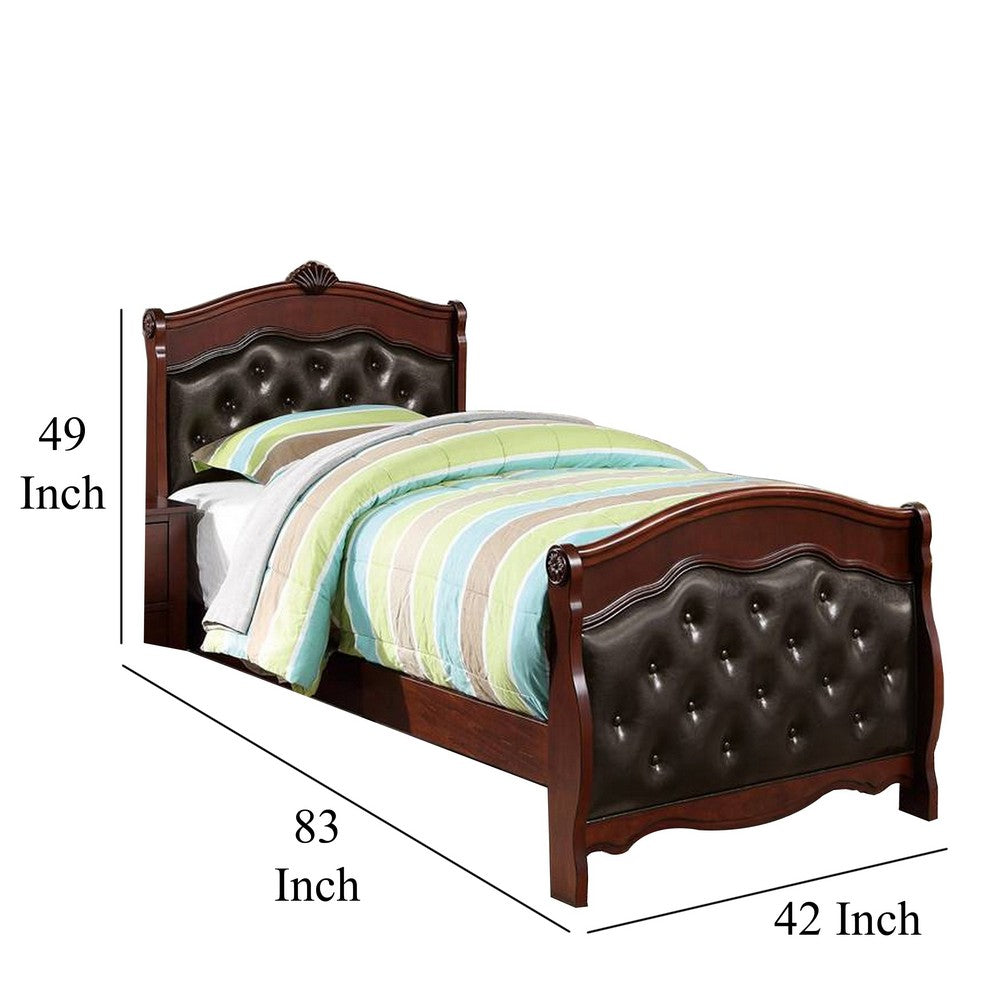 Jeny Twin Bed, Tufted Camelback, Cherry Brown, Faux Leather Upholstery - BM326162