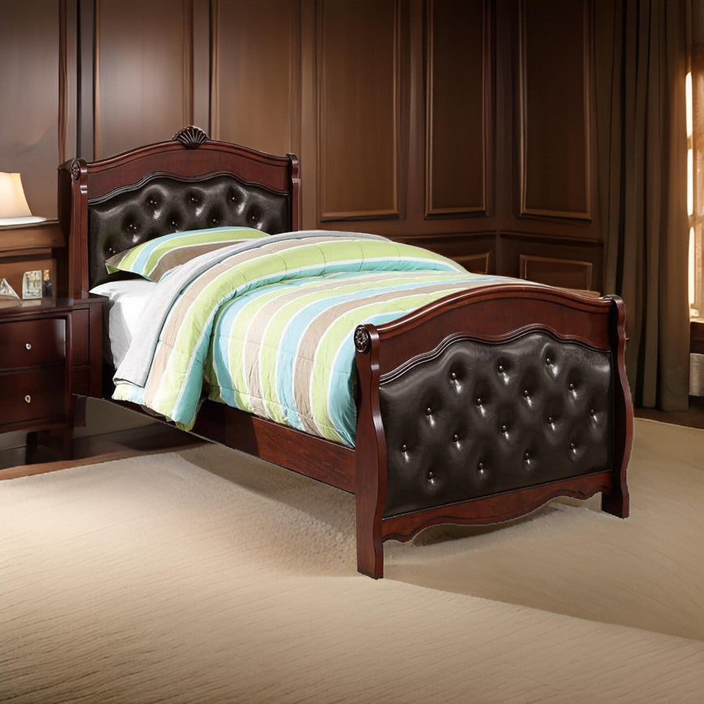 Jeny Twin Bed, Tufted Camelback, Cherry Brown, Faux Leather Upholstery - BM326162