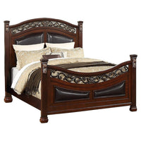Meo Queen Size Bed, Padded Carved Dark Brown Faux Leather Upholstered - BM326166