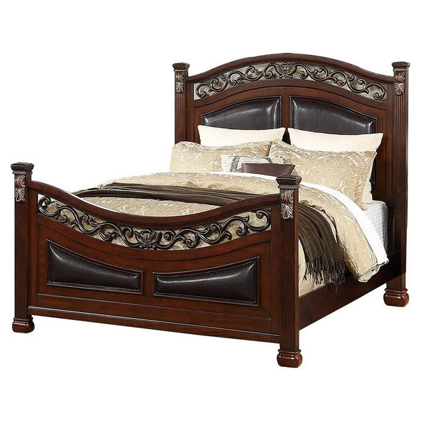 Meo Queen Size Bed, Padded Carved Dark Brown Faux Leather Upholstered - BM326166