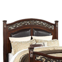 Meo Queen Size Bed, Padded Carved Dark Brown Faux Leather Upholstered - BM326166