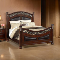 Meo Queen Size Bed, Padded Carved Dark Brown Faux Leather Upholstered - BM326166