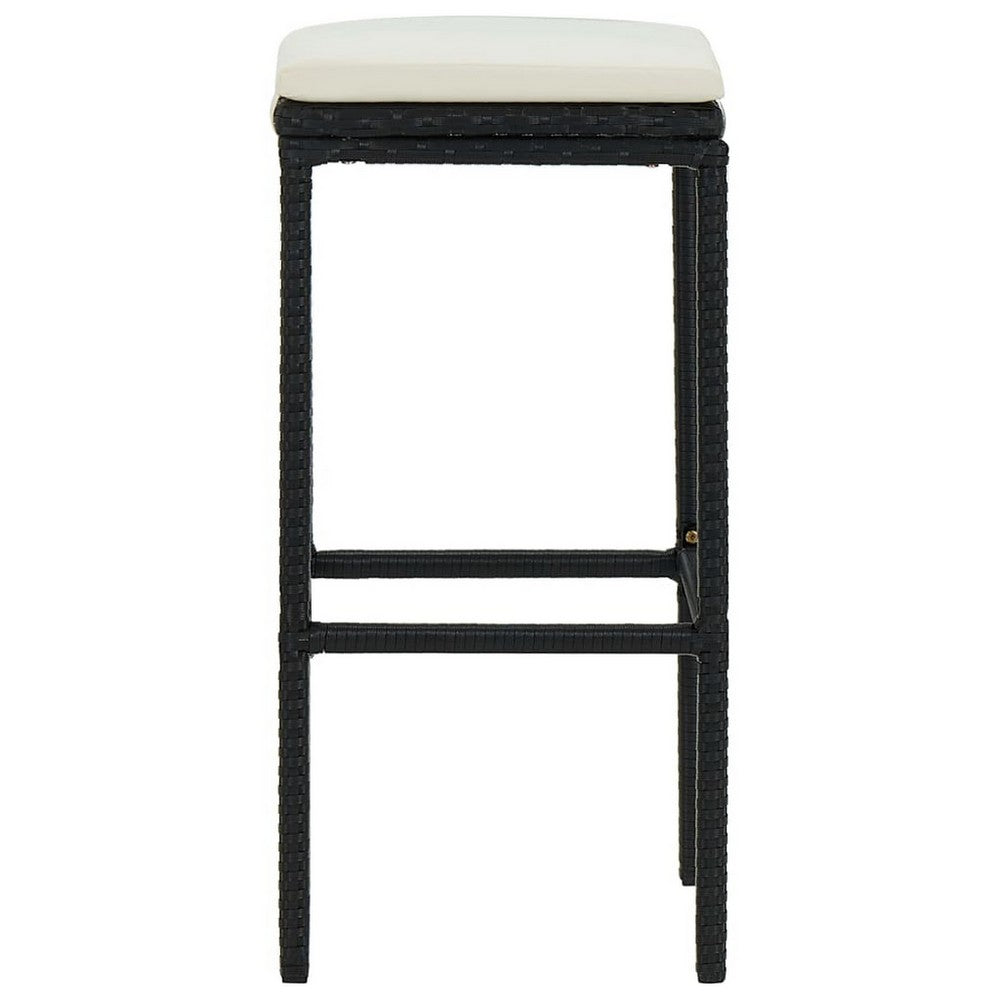 Outdoor Barstool Set of 4, Cream White Cushion, Black Poly Rattan -BM326253