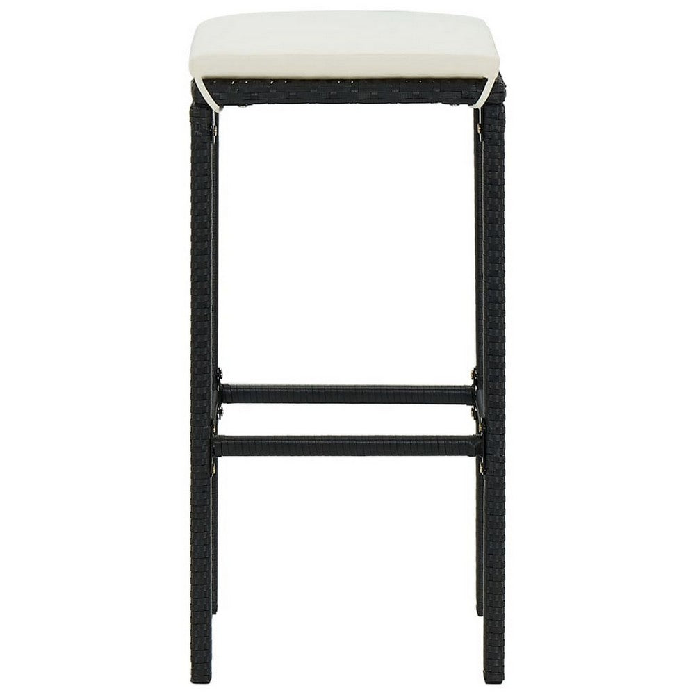 Outdoor Barstool Set of 4, Cream White Cushion, Black Poly Rattan -BM326253