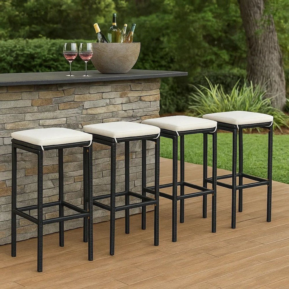 Outdoor Barstool Set of 4, Cream White Cushion, Black Poly Rattan -BM326253