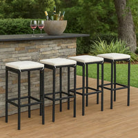 Outdoor Barstool Set of 4, Cream White Cushion, Black Poly Rattan -BM326253