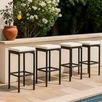 Outdoor Barstool Set of 4, Cream White Cushion, Black Poly Rattan -BM326253