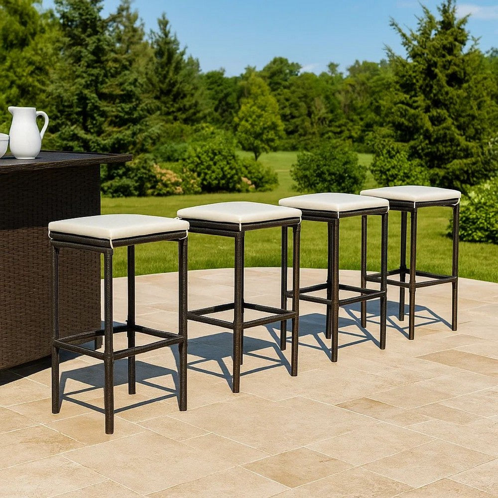 Outdoor Barstool Set of 4, Cream White Cushion, Black Poly Rattan -BM326253