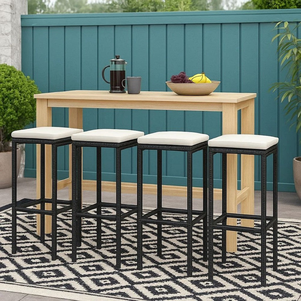 Outdoor Barstool Set of 4, Cream White Cushion, Black Poly Rattan -BM326253