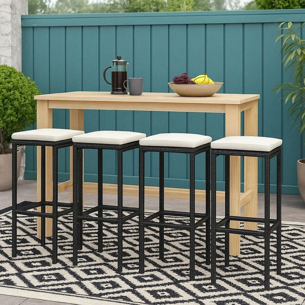 Outdoor Barstool Set of 4, Cream White Cushion, Black Poly Rattan -BM326253