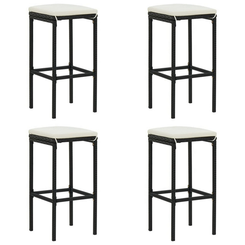 Outdoor Barstool Set of 4, Cream White Cushion, Black Poly Rattan -BM326253