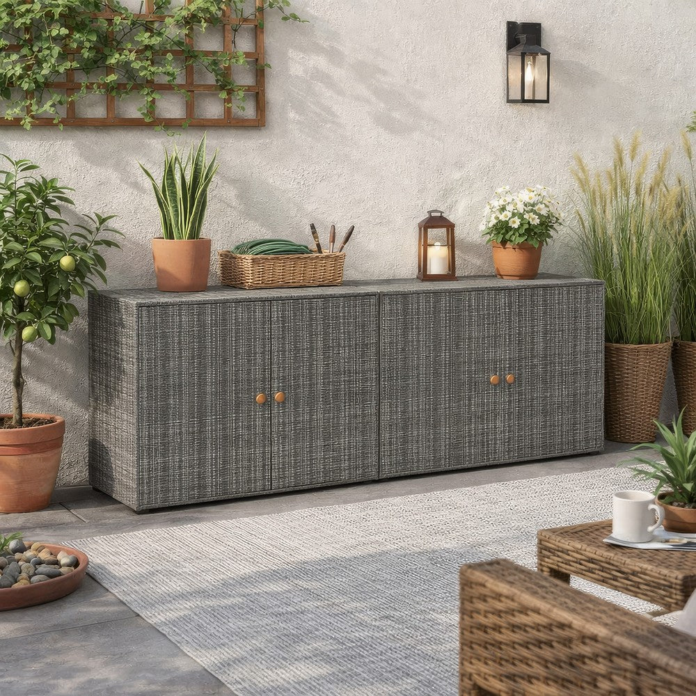 Outdoor Storage Cabinet, 78 Inch Gray Poly Rattan and Brown Solid Wood -BM326255