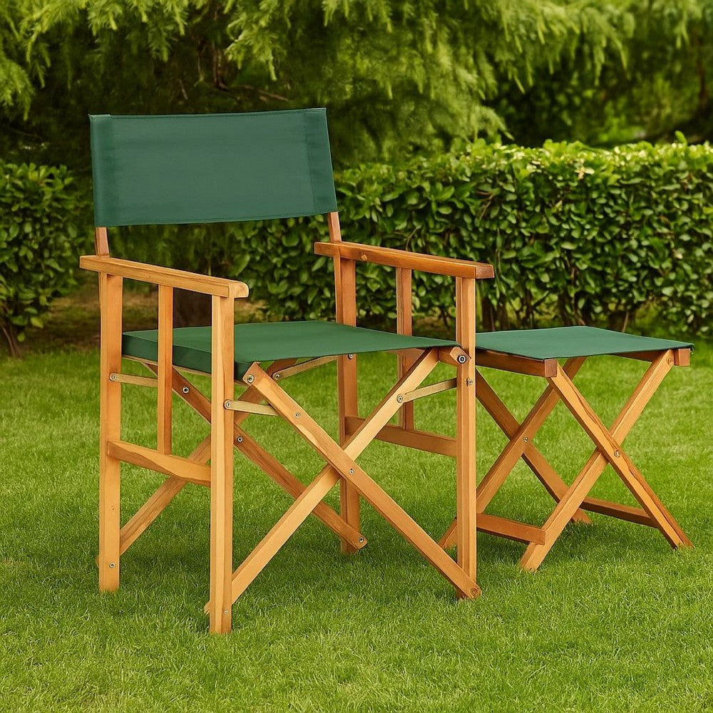 Outdoor Foldable Directors Chair, Brown Acacia Wood, Green Fabric -BM326321