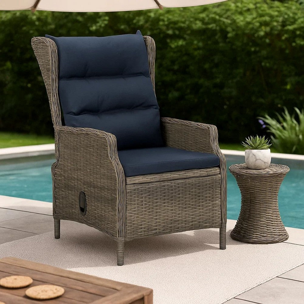 Outdoor Manual Reclining Chair, 2 Cushions, Brown Woven Poly Rattan  -BM326328