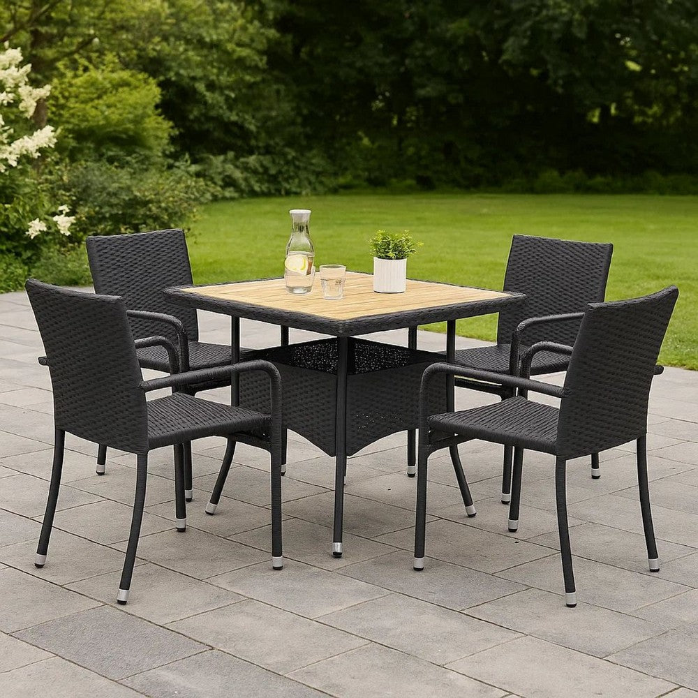 Outdoor Dining Table, 31 Inch Square Acacia Wood Top Black Rattan Base -BM326329