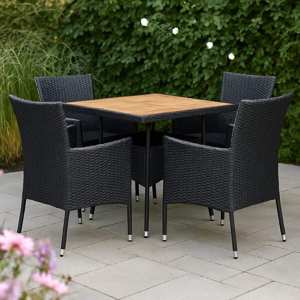 Outdoor Dining Table, 31 Inch Square Acacia Wood Top Black Rattan Base -BM326329