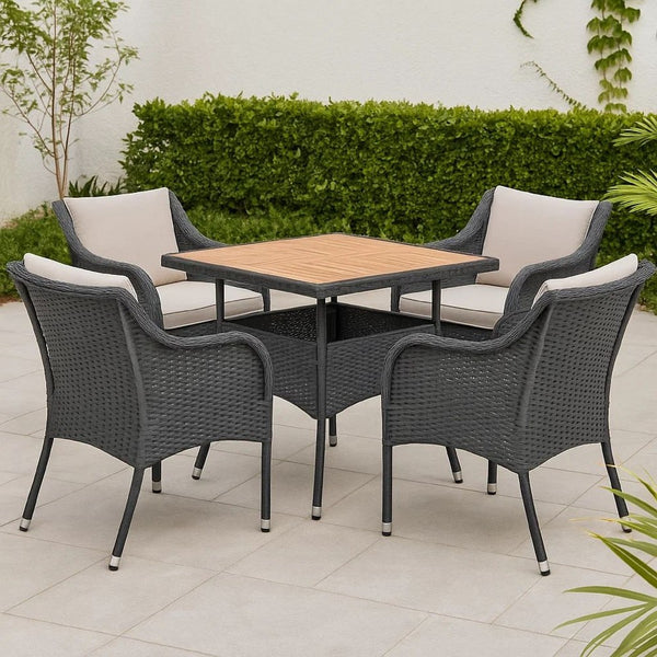 Outdoor Dining Table, 31 Inch Square Acacia Wood Top Black Rattan Base -BM326329