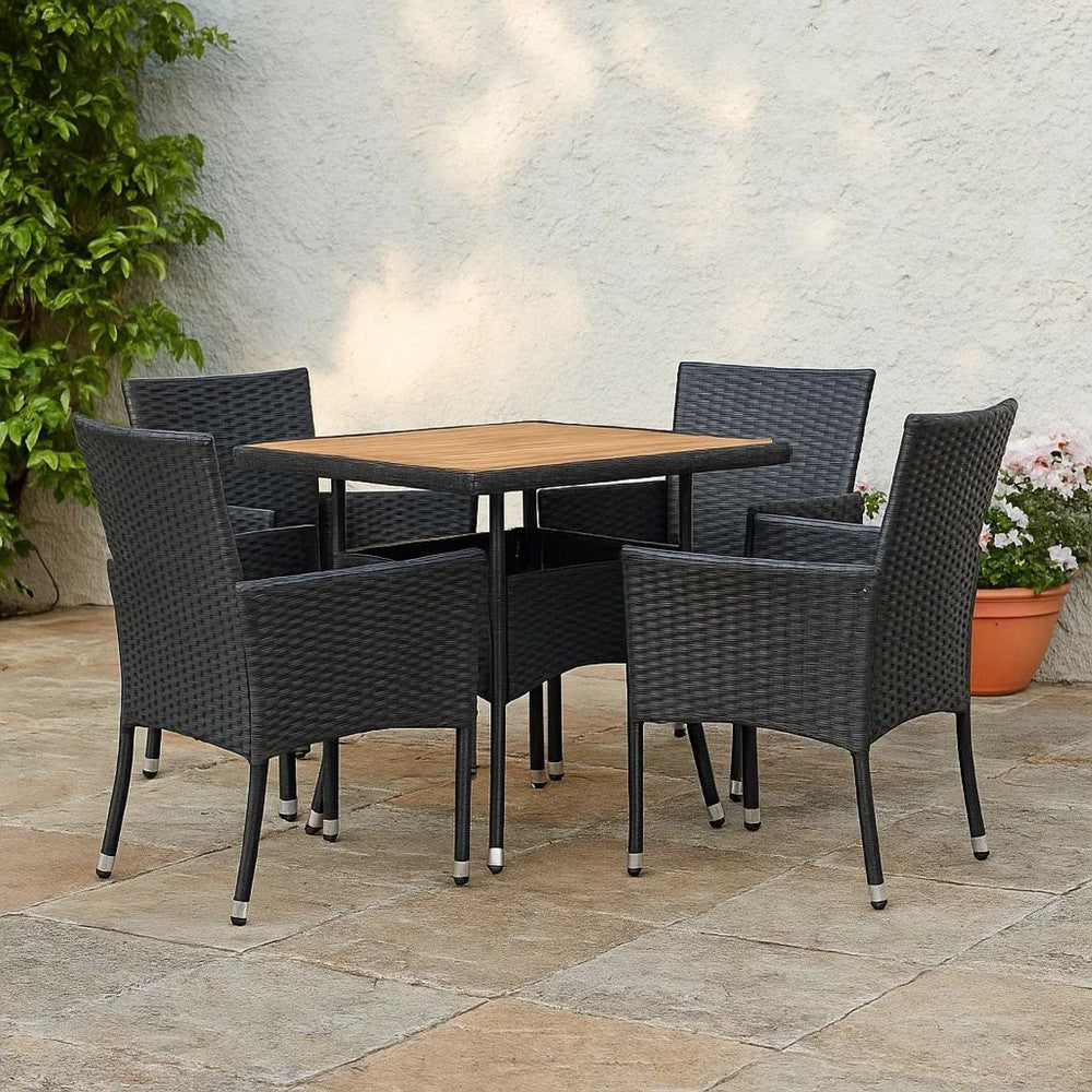 Outdoor Dining Table, 31 Inch Square Acacia Wood Top Black Rattan Base -BM326329
