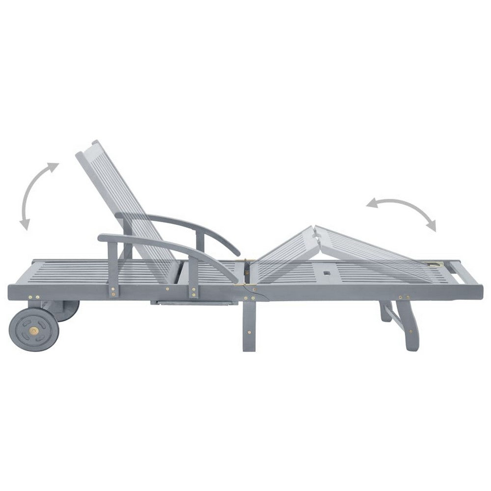 Outdoor Sun Chaise Lounger, Slatted Gray Acacia Wood Frame w Wheels -BM326333