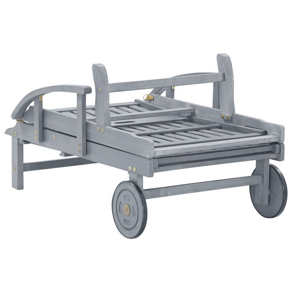 Outdoor Sun Chaise Lounger, Slatted Gray Acacia Wood Frame w Wheels -BM326333