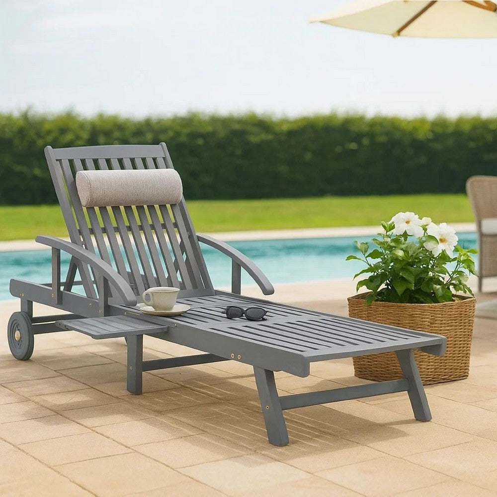 Outdoor Sun Chaise Lounger, Slatted Gray Acacia Wood Frame w Wheels -BM326333