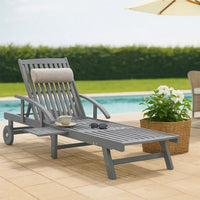 Outdoor Sun Chaise Lounger, Slatted Gray Acacia Wood Frame w Wheels -BM326333