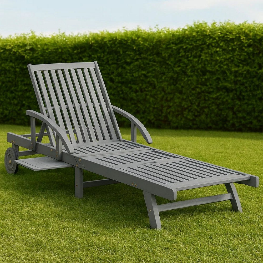 Outdoor Sun Chaise Lounger, Slatted Gray Acacia Wood Frame w Wheels -BM326333