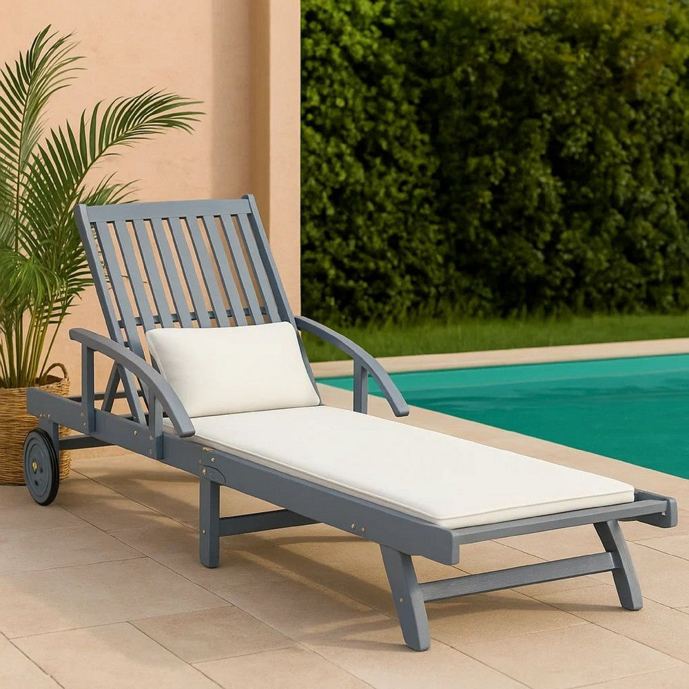 Outdoor Sun Chaise Lounger, Slatted Gray Acacia Wood Frame w Wheels -BM326333