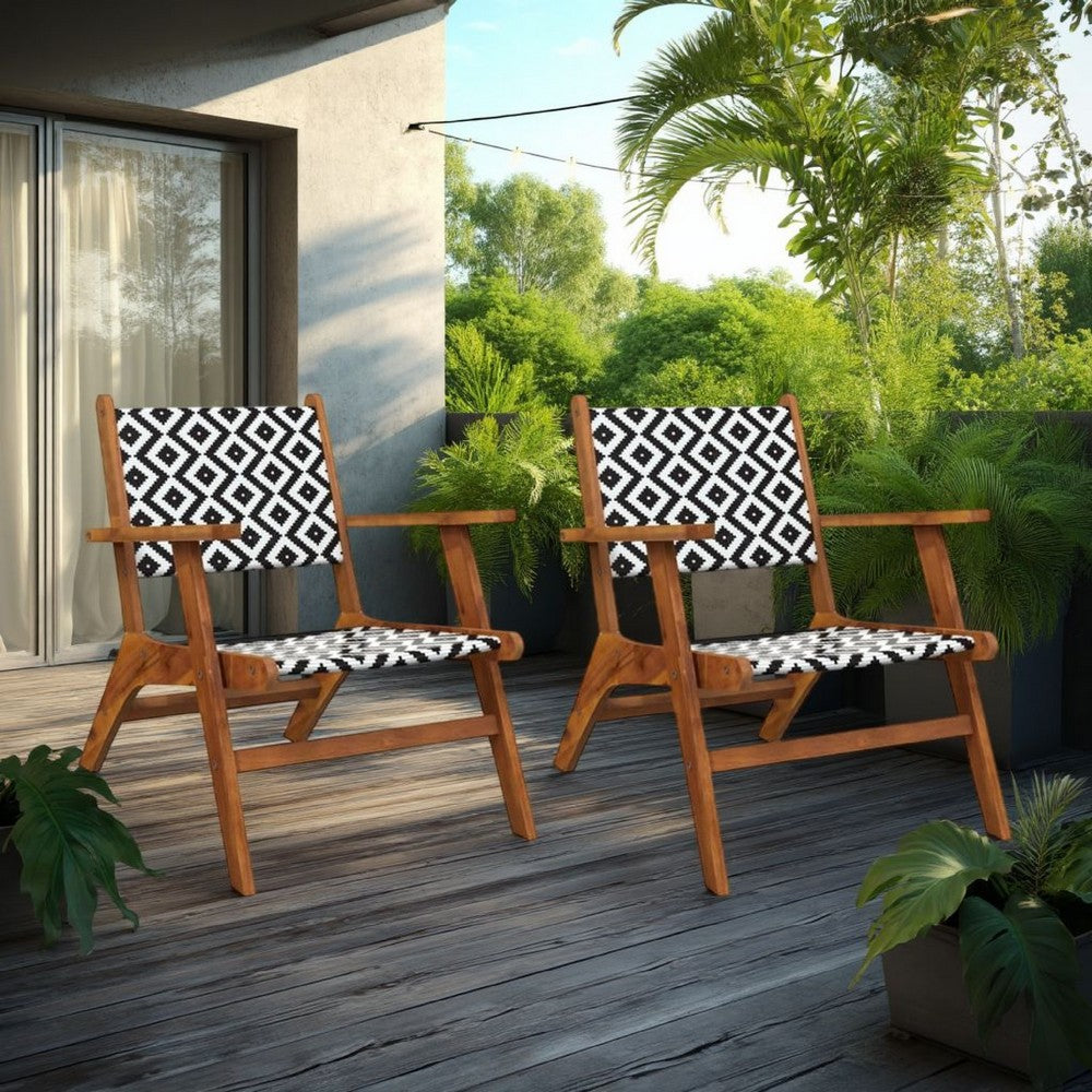 Outdoor Set of 2, Black White Print, Brown Solid Acacia Wood -BM326335