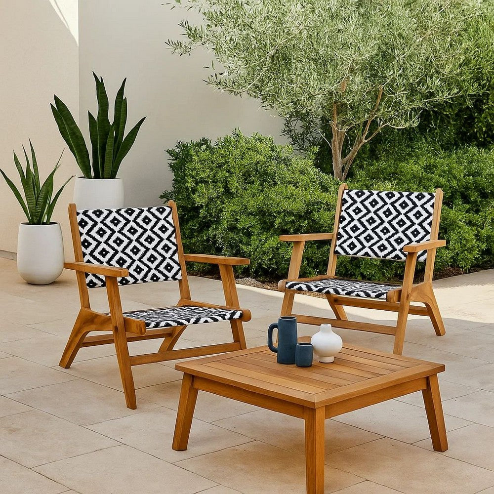 Outdoor Set of 2, Black White Print, Brown Solid Acacia Wood -BM326335