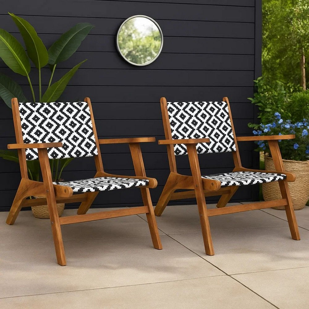 Outdoor Set of 2, Black White Print, Brown Solid Acacia Wood -BM326335