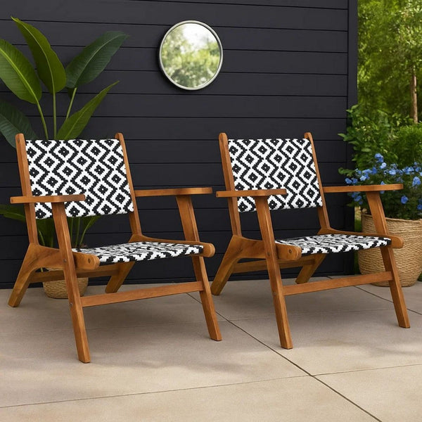 Outdoor Set of 2, Black White Print, Brown Solid Acacia Wood -BM326335