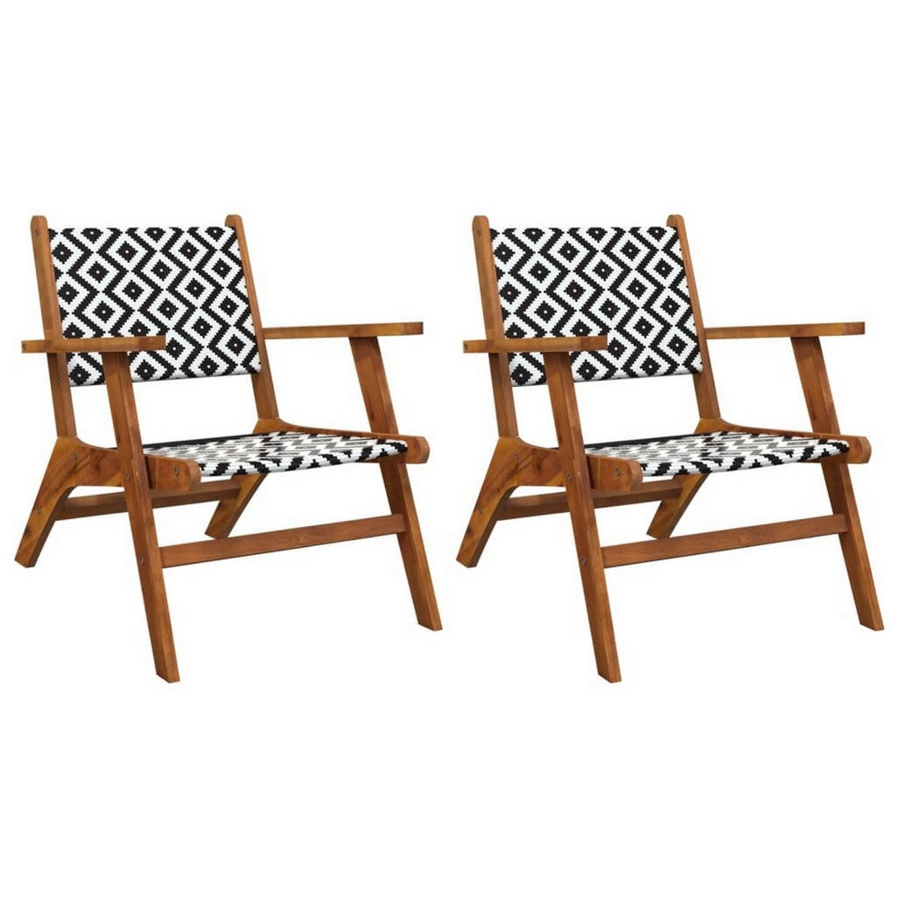 Outdoor Set of 2, Black White Print, Brown Solid Acacia Wood -BM326335