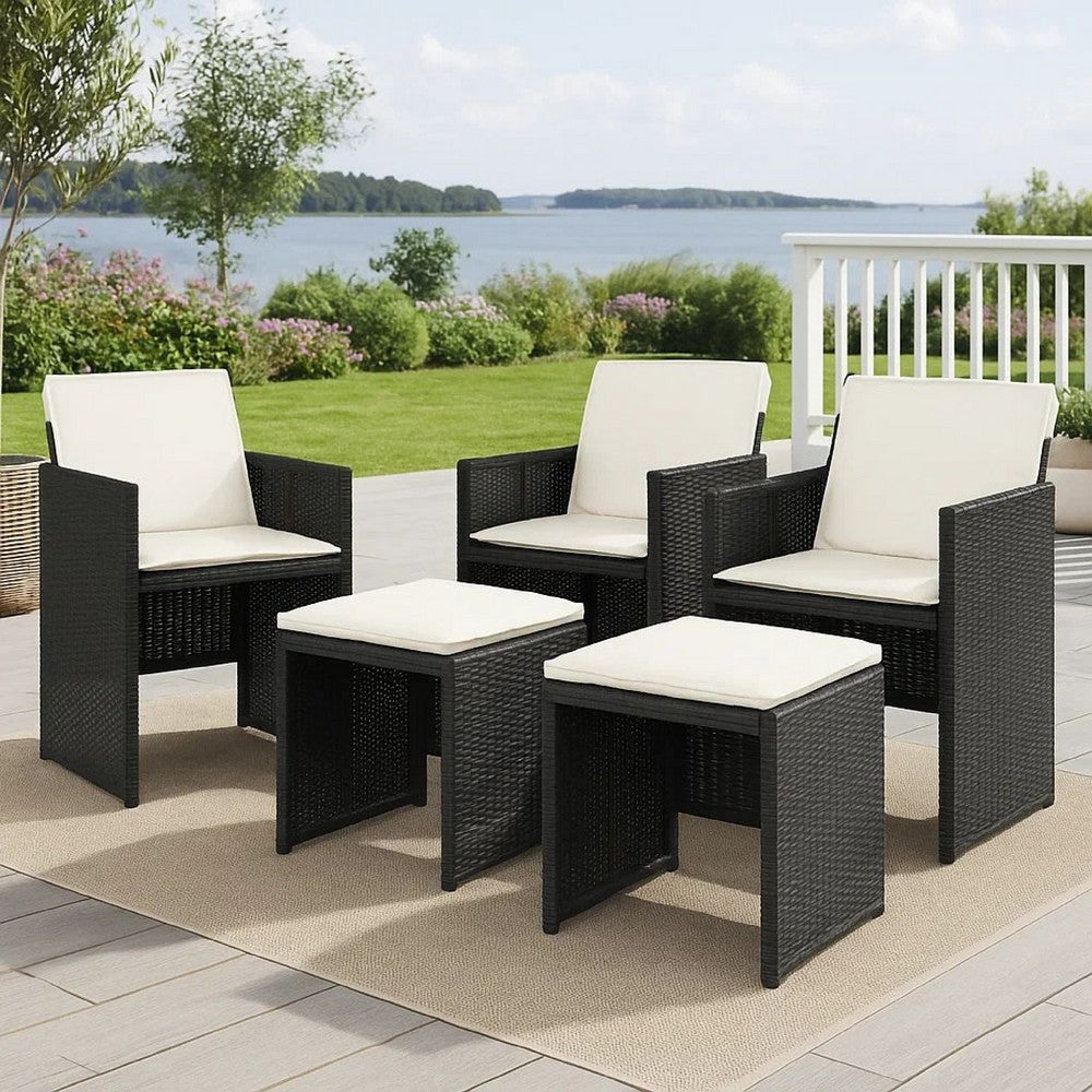 Outdoor Set of 4 with White Cushions, Black Rattan Woven Frame -BM326341