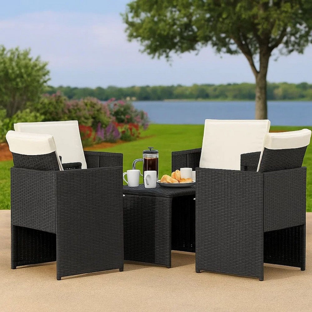 Outdoor Set of 4 with White Cushions, Black Rattan Woven Frame -BM326341