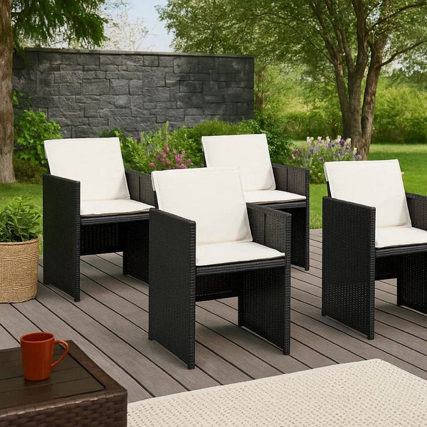 Outdoor Set of 4 with White Cushions, Black Rattan Woven Frame -BM326341